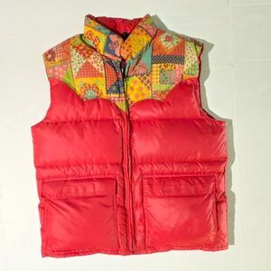 VTG 70s Goose Down Patchwork Coral Pink Puffer Vest, 14 Winter Layering